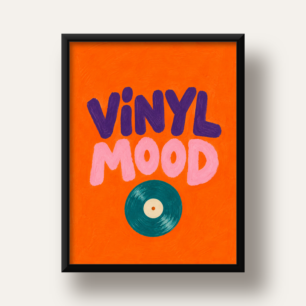 Vinyl Mood Retro Poster – Turuncu Zemin, Plak İllüstrasyon — siyah derin çerçeveli
