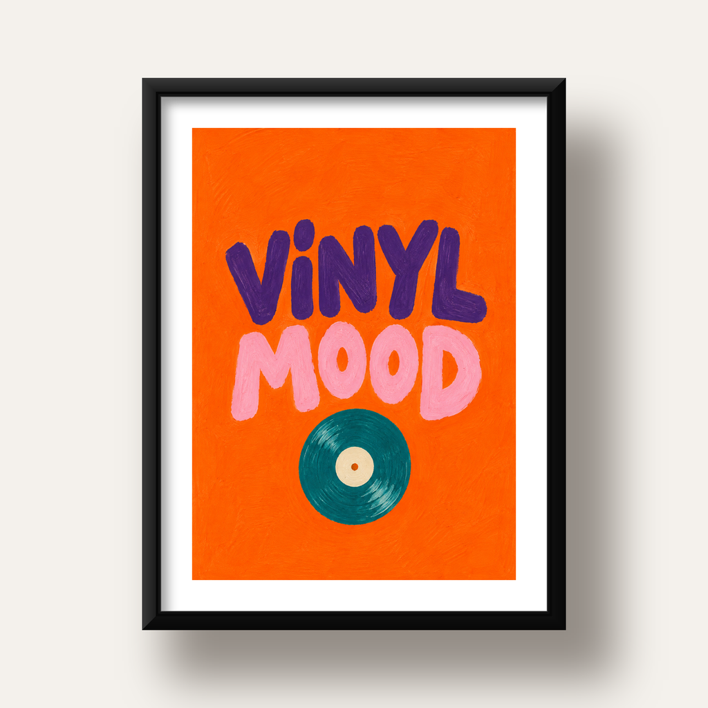 Vinyl Mood Retro Poster – Turuncu Zemin, Plak İllüstrasyon — siyah derin çerçeveli paspartulu
