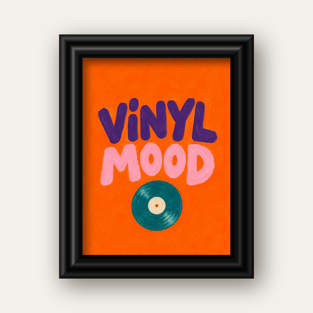 Vinyl Mood Retro Poster – Turuncu Zemin, Plak İllüstrasyon — siyah galeri çerçeveli