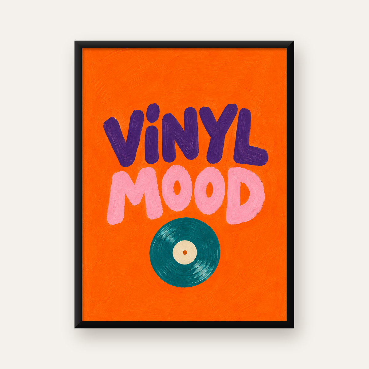 Vinyl Mood Retro Poster – Turuncu Zemin, Plak İllüstrasyon — Dikey baskı, düz siyah çerçeveli duvar posteri