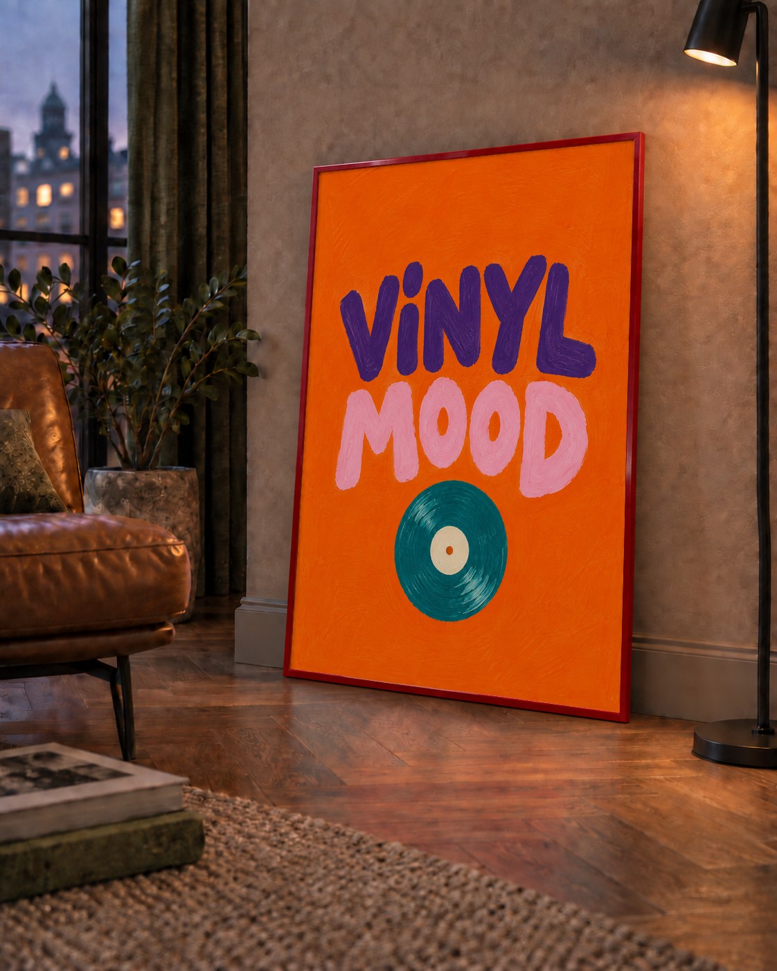 Vinyl Mood Retro Poster – Turuncu Zemin, Plak İllüstrasyon — çerçeveli hâliyle bir ev duvarında