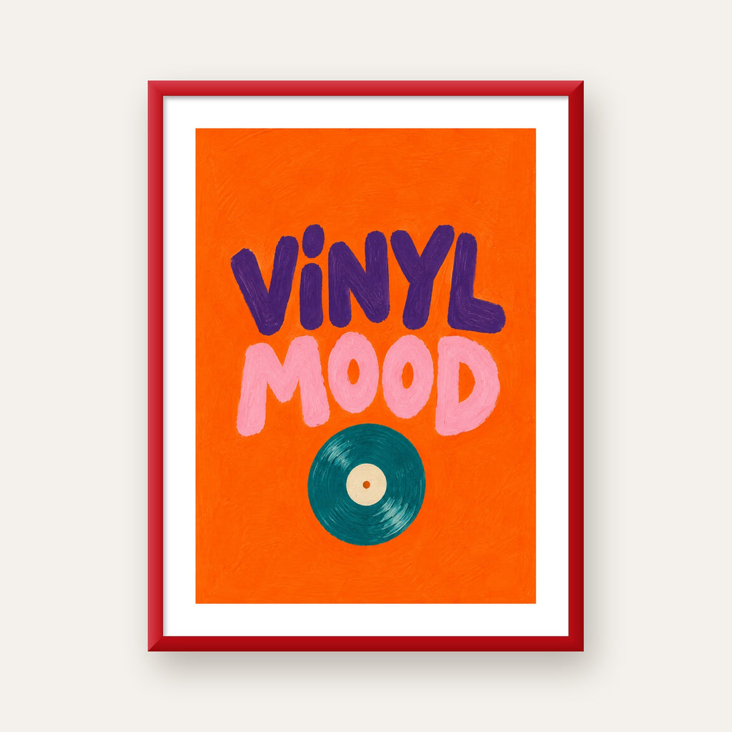 Vinyl Mood Retro Poster – Turuncu Zemin, Plak İllüstrasyon — kırmızı çerçeveli paspartulu