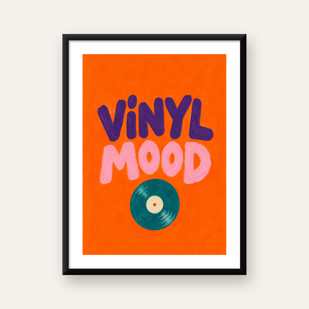 Vinyl Mood Retro Poster – Turuncu Zemin, Plak İllüstrasyon — Dikey baskı, beyaz paspartulu