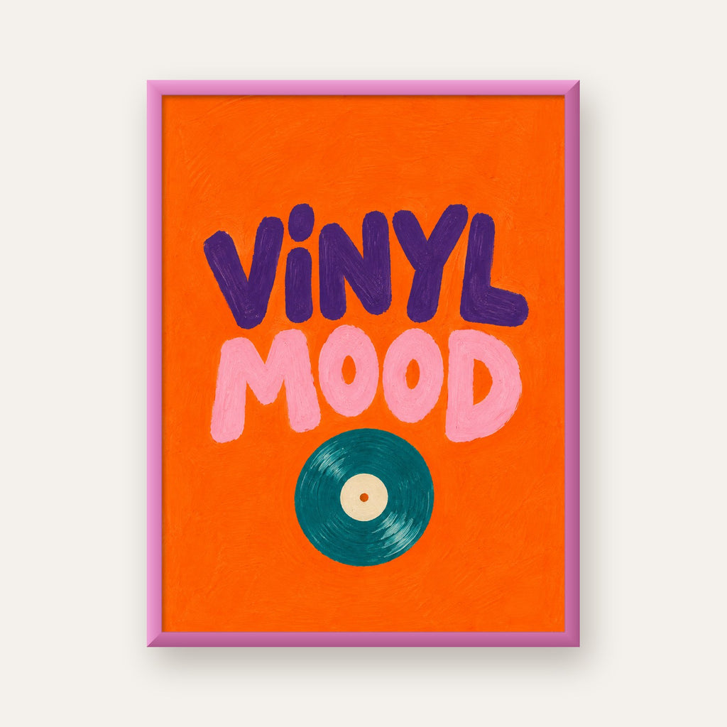 Vinyl Mood Retro Poster – Turuncu Zemin, Plak İllüstrasyon — pembe çerçeveli