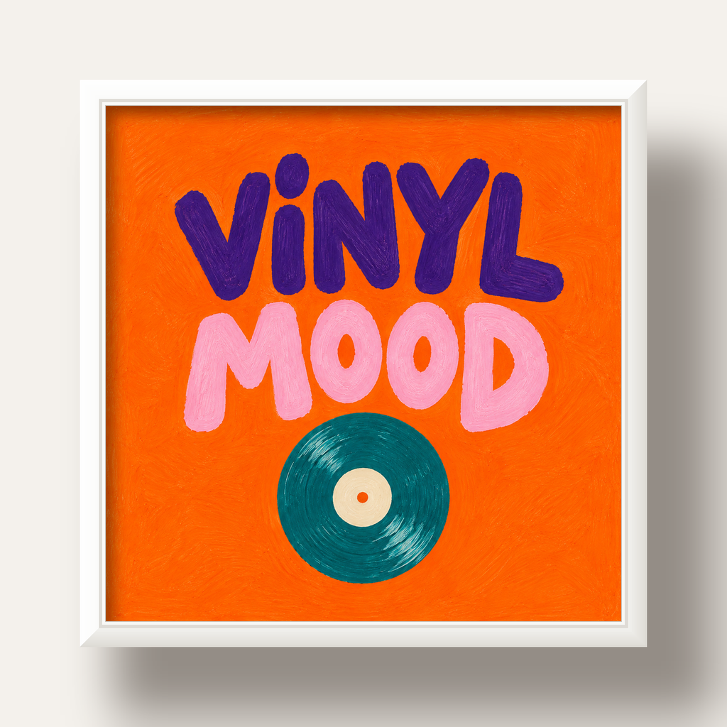 Vinyl Mood Retro Poster – Turuncu Zemin, Plak İllüstrasyon — beyaz derin çerçeveli