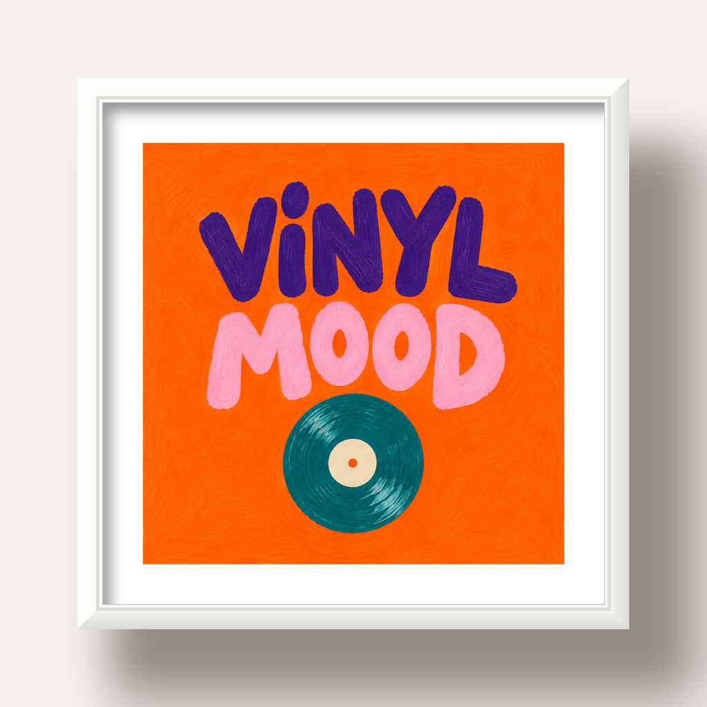 Vinyl Mood Retro Poster – Turuncu Zemin, Plak İllüstrasyon — beyaz derin çerçeveli paspartulu