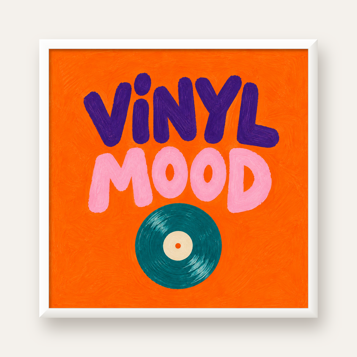 Vinyl Mood Retro Poster – Turuncu Zemin, Plak İllüstrasyon — beyaz çerçeveli kare poster