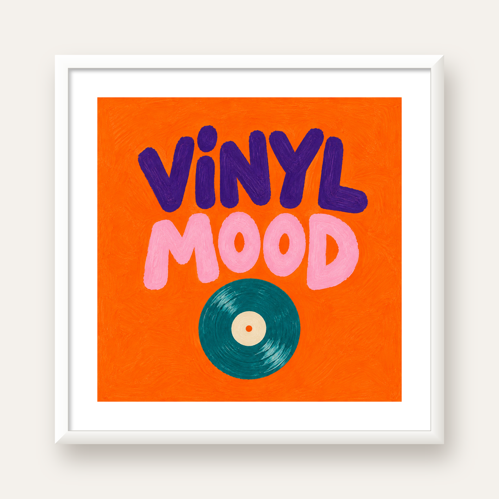 Vinyl Mood Retro Poster – Turuncu Zemin, Plak İllüstrasyon — beyaz çerçeveli kare poster