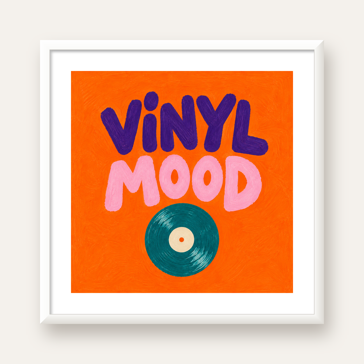 Vinyl Mood Retro Poster – Turuncu Zemin, Plak İllüstrasyon — beyaz çerçeveli kare poster