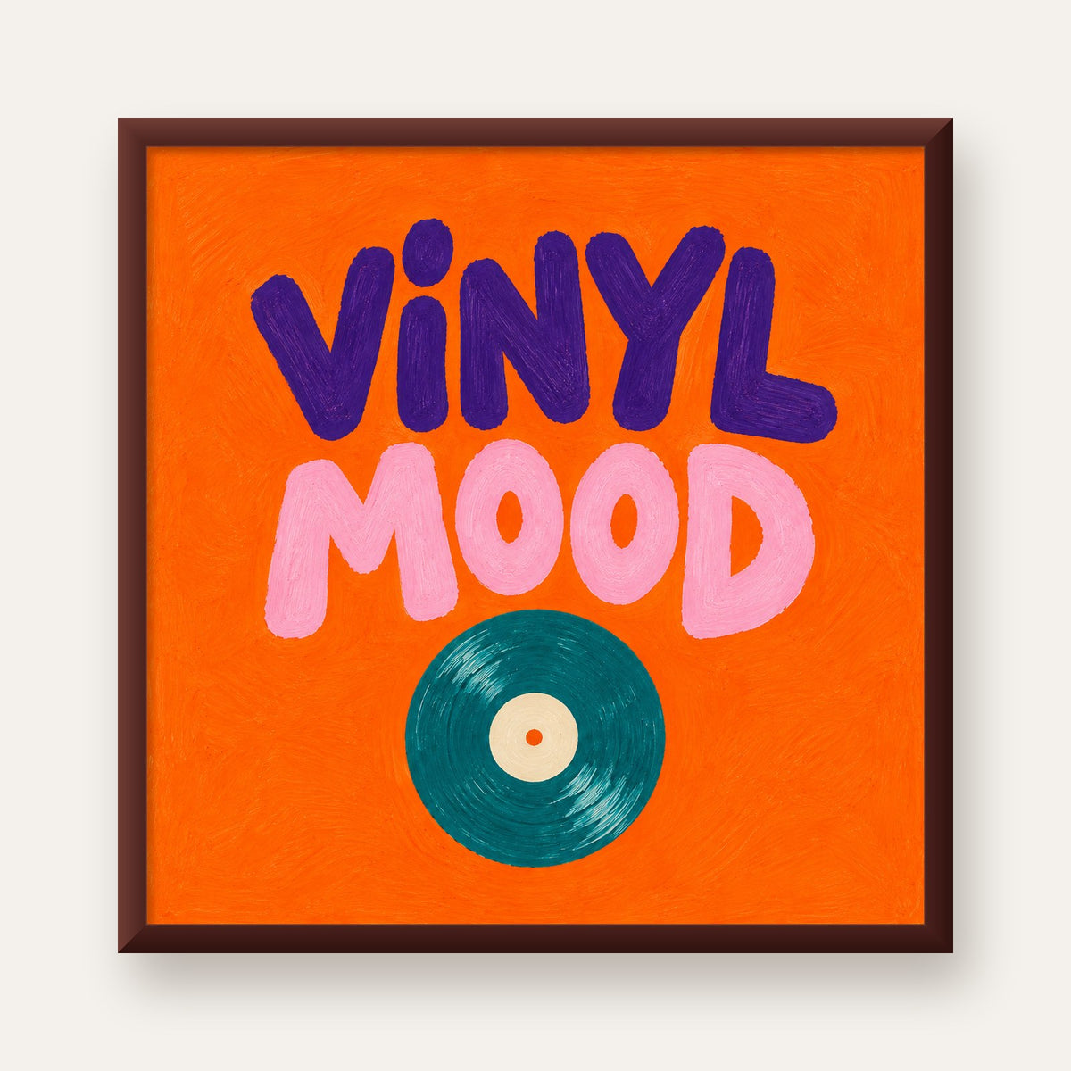 Vinyl Mood Retro Poster – Turuncu Zemin, Plak İllüstrasyon — ceviz çerçeveli