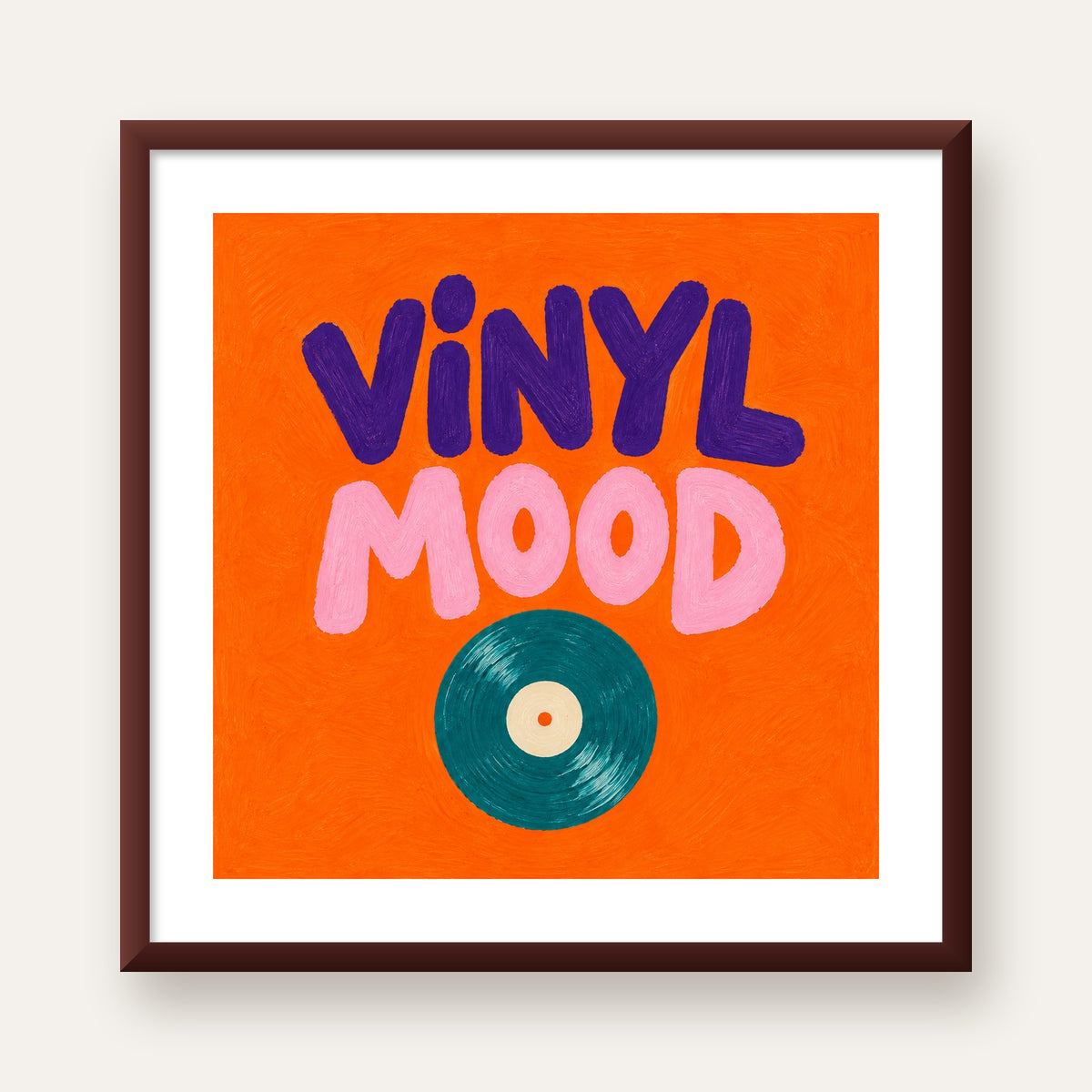 Vinyl Mood Retro Poster – Turuncu Zemin, Plak İllüstrasyon — ceviz çerçeveli paspartulu