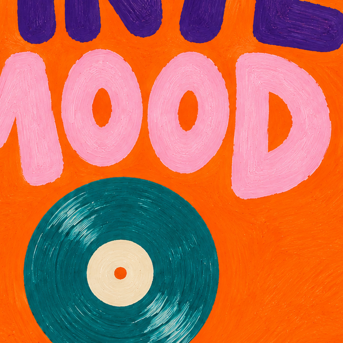 Vinyl Mood Retro Poster – Turuncu Zemin, Plak İllüstrasyon — baskının yakın çekimi, kâğıt dokusu ve renk detayı