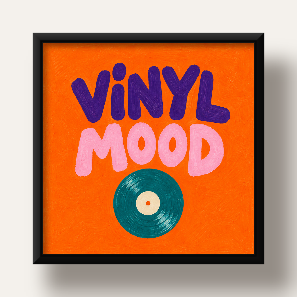 Vinyl Mood Retro Poster – Turuncu Zemin, Plak İllüstrasyon — siyah derin çerçeveli