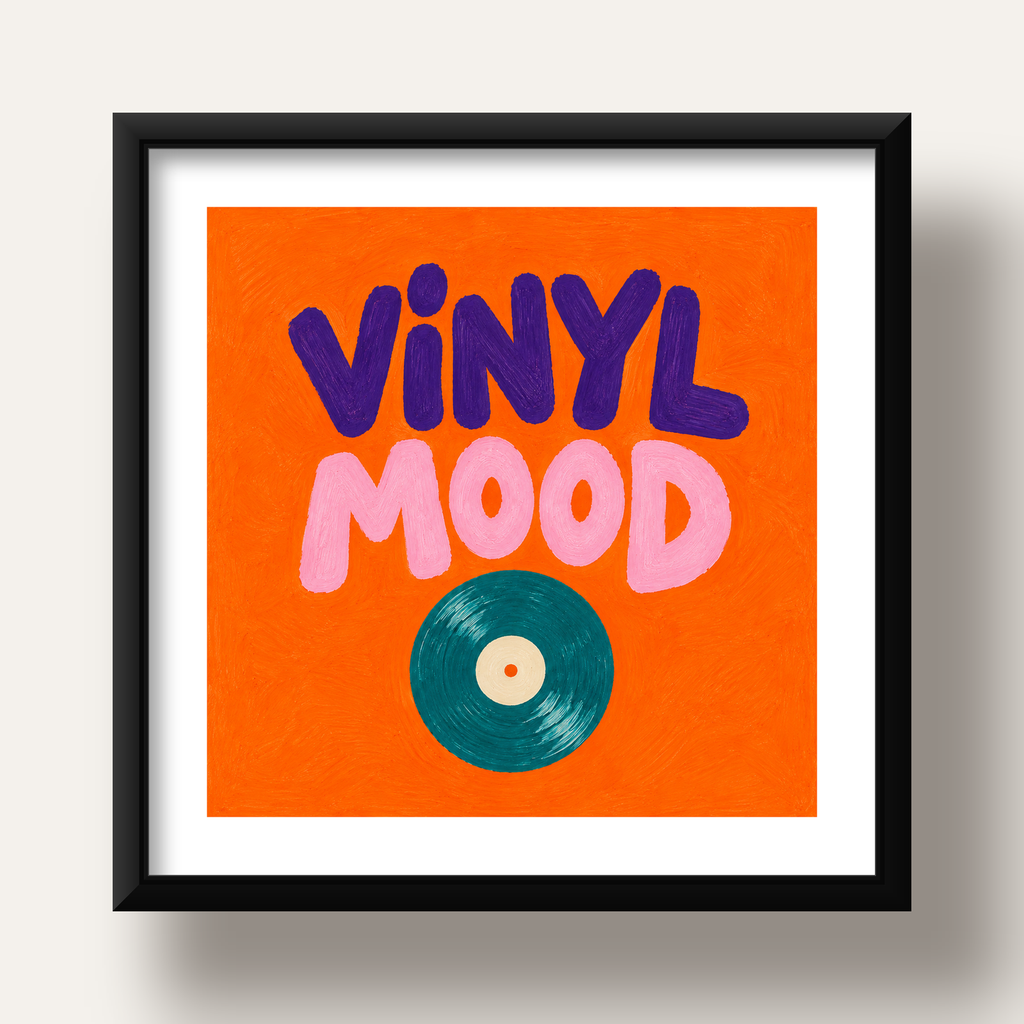 Vinyl Mood Retro Poster – Turuncu Zemin, Plak İllüstrasyon — siyah derin çerçeveli paspartulu