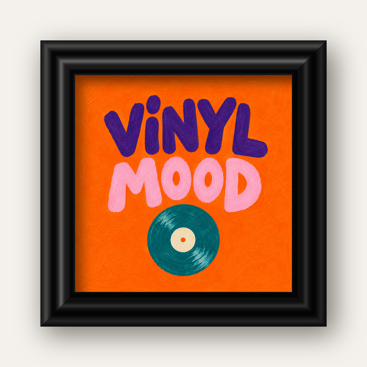 Vinyl Mood Retro Poster – Turuncu Zemin, Plak İllüstrasyon — siyah galeri çerçeveli