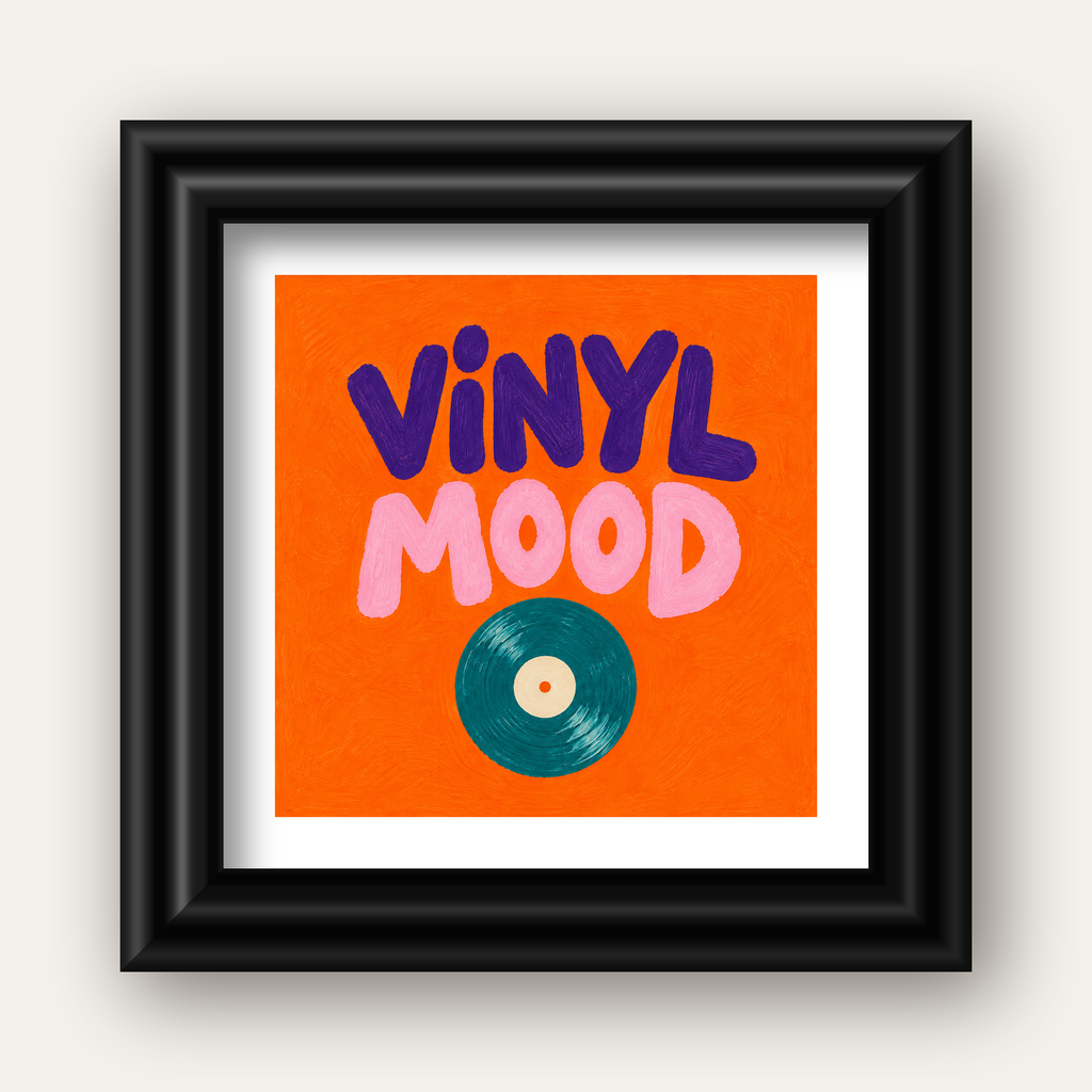 Vinyl Mood Retro Poster – Turuncu Zemin, Plak İllüstrasyon — siyah galeri çerçeveli paspartulu