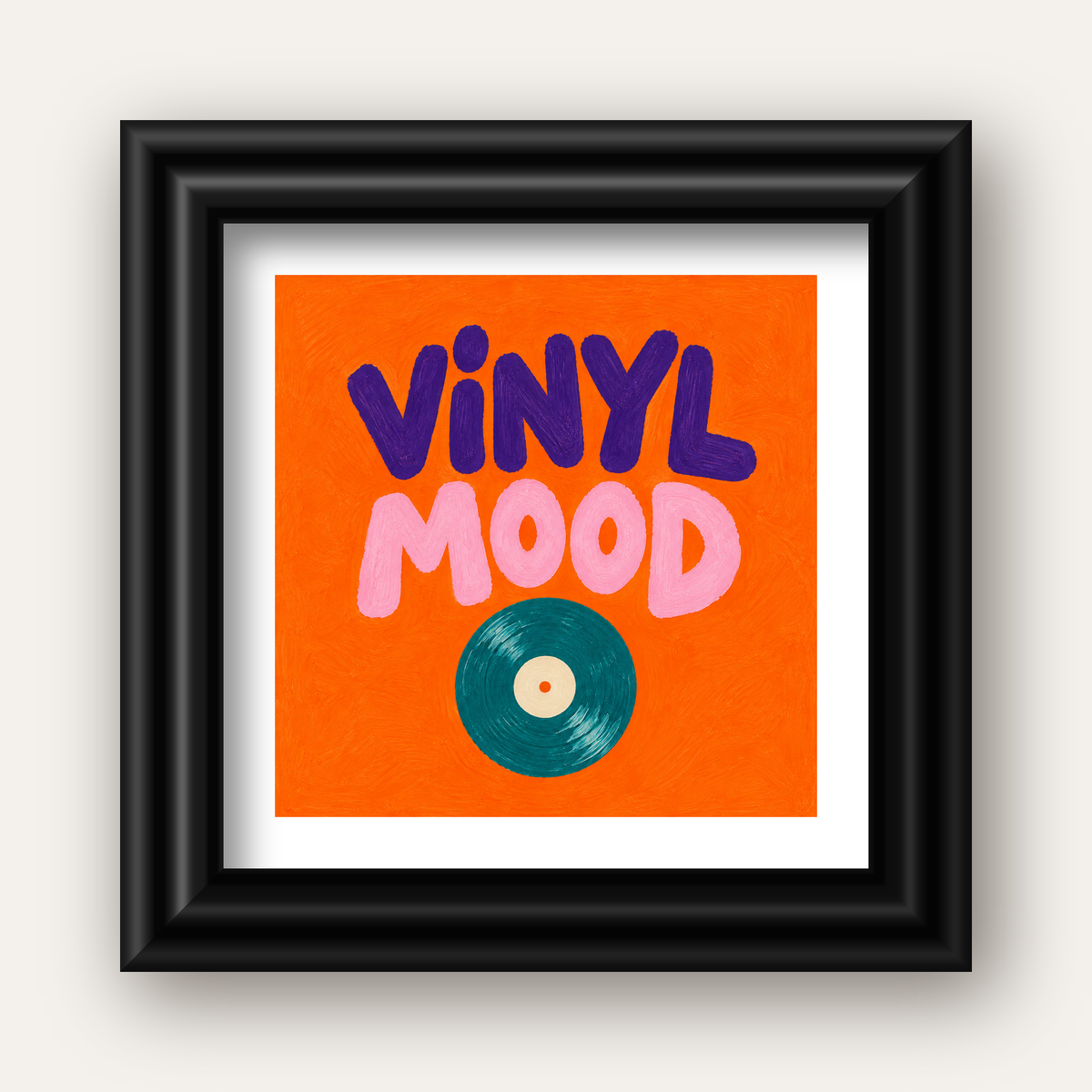 Vinyl Mood Retro Poster – Turuncu Zemin, Plak İllüstrasyon — siyah galeri çerçeveli paspartulu