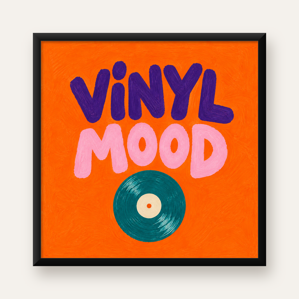 Vinyl Mood Retro Poster – Turuncu Zemin, Plak İllüstrasyon — Kare baskı, düz siyah çerçeveli duvar posteri