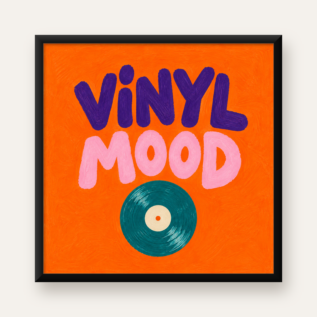 Vinyl Mood Retro Poster – Turuncu Zemin, Plak İllüstrasyon — Kare baskı, düz siyah çerçeveli duvar posteri