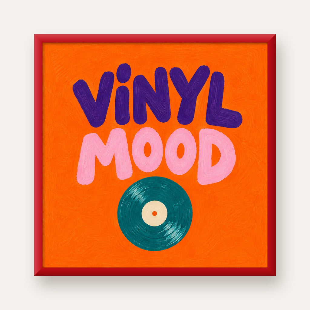 Vinyl Mood Retro Poster – Turuncu Zemin, Plak İllüstrasyon — kırmızı çerçeveli