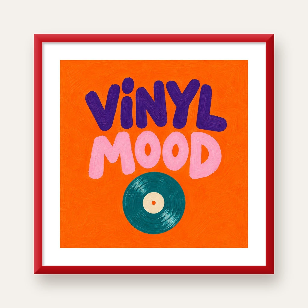 Vinyl Mood Retro Poster – Turuncu Zemin, Plak İllüstrasyon — kırmızı çerçeveli paspartulu