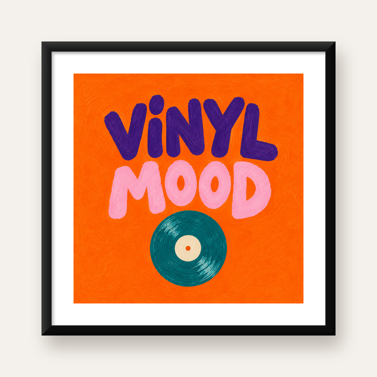 Vinyl Mood Retro Poster – Turuncu Zemin, Plak İllüstrasyon — Kare baskı, beyaz paspartulu