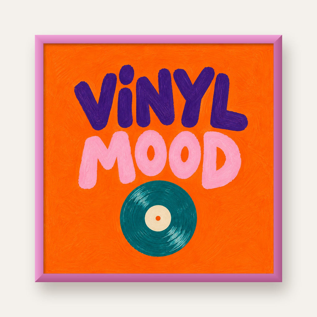Vinyl Mood Retro Poster – Turuncu Zemin, Plak İllüstrasyon — pembe çerçeveli