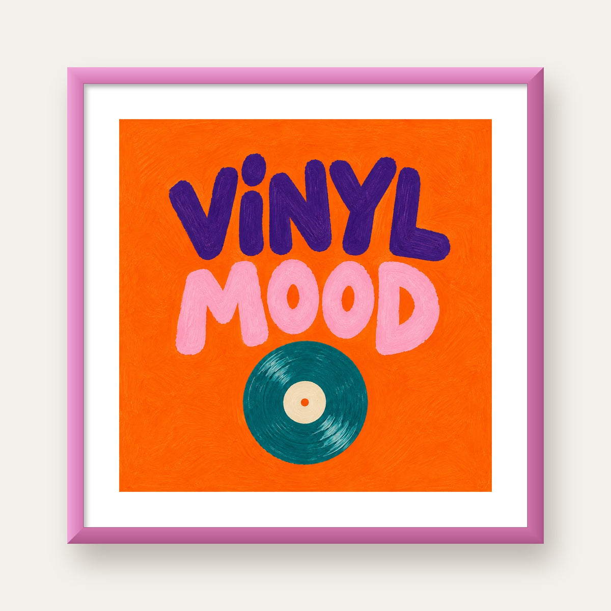Vinyl Mood Retro Poster – Turuncu Zemin, Plak İllüstrasyon — pembe çerçeveli paspartulu