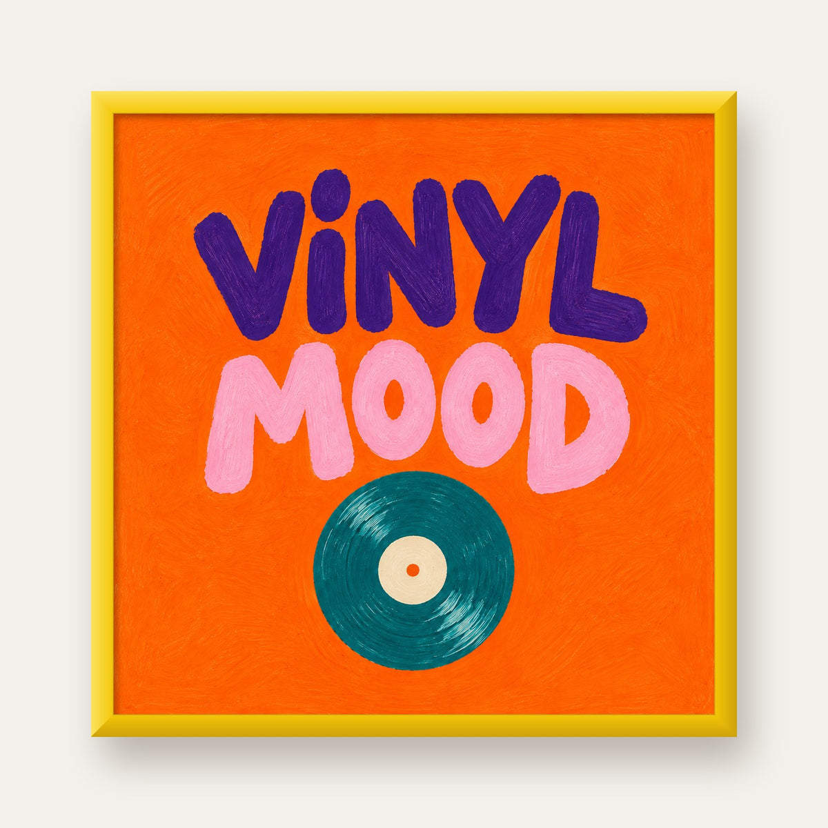 Vinyl Mood Retro Poster – Turuncu Zemin, Plak İllüstrasyon — sarı çerçeveli