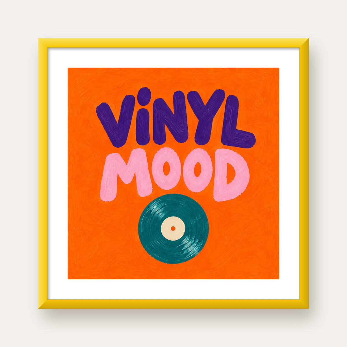 Vinyl Mood Retro Poster – Turuncu Zemin, Plak İllüstrasyon — sarı çerçeveli paspartulu