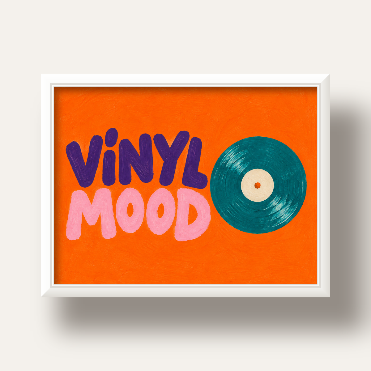 Vinyl Mood Retro Poster – Turuncu Zemin, Plak İllüstrasyon — beyaz derin çerçeveli