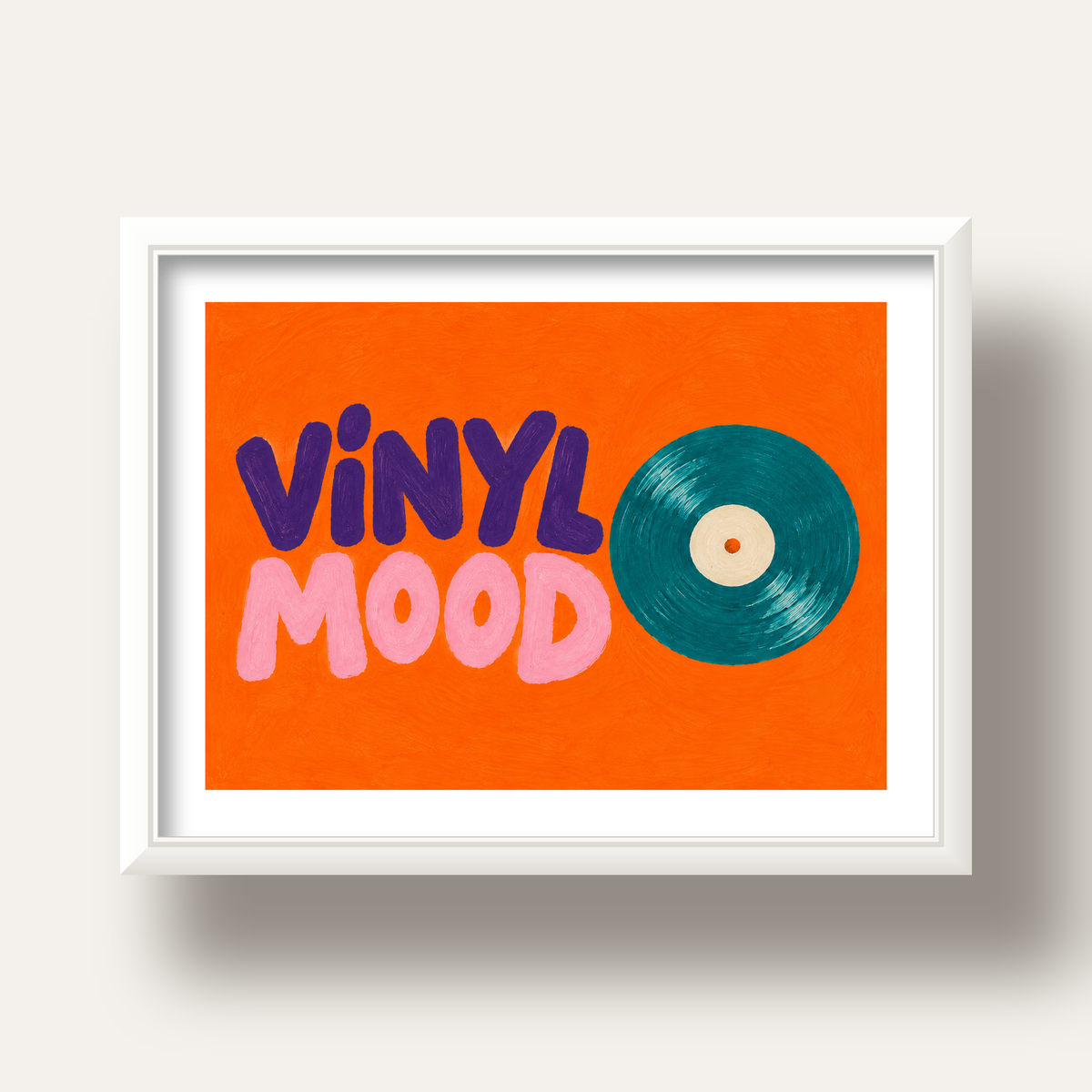 Vinyl Mood Retro Poster – Turuncu Zemin, Plak İllüstrasyon — beyaz derin çerçeveli paspartulu