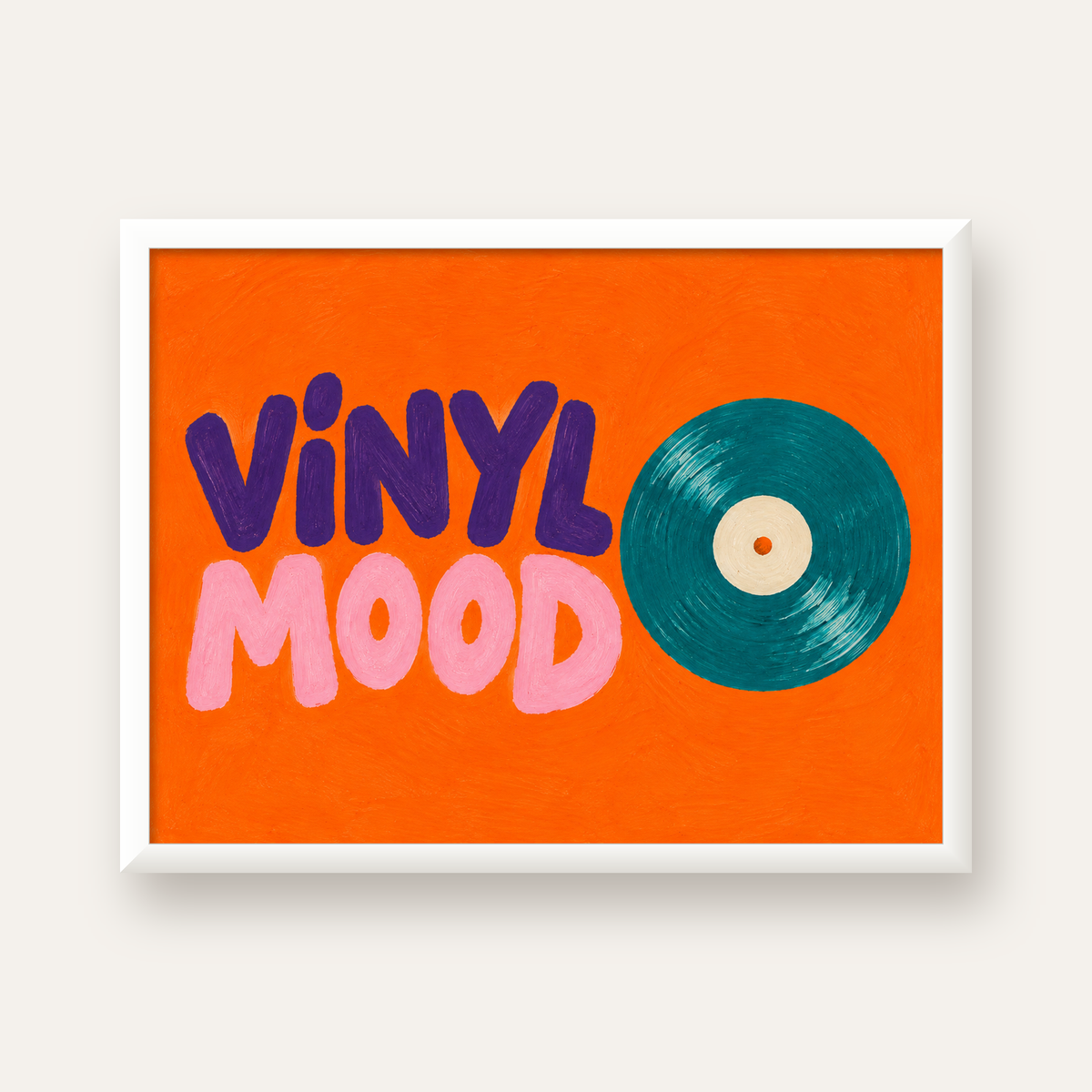 Vinyl Mood Retro Poster – Turuncu Zemin, Plak İllüstrasyon — beyaz çerçeveli yatay poster