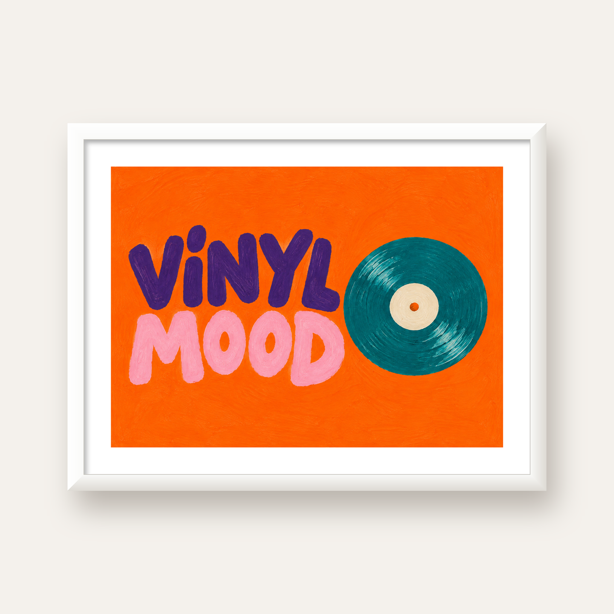 Vinyl Mood Retro Poster – Turuncu Zemin, Plak İllüstrasyon — beyaz çerçeveli yatay poster