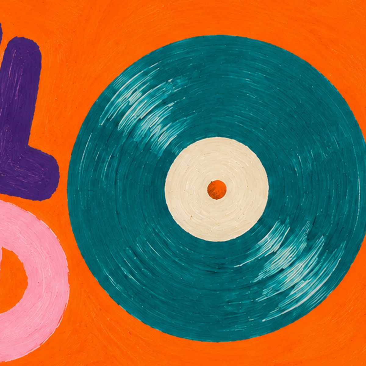 Vinyl Mood Retro Poster – Turuncu Zemin, Plak İllüstrasyon — baskının yakın çekimi, kâğıt dokusu ve renk detayı