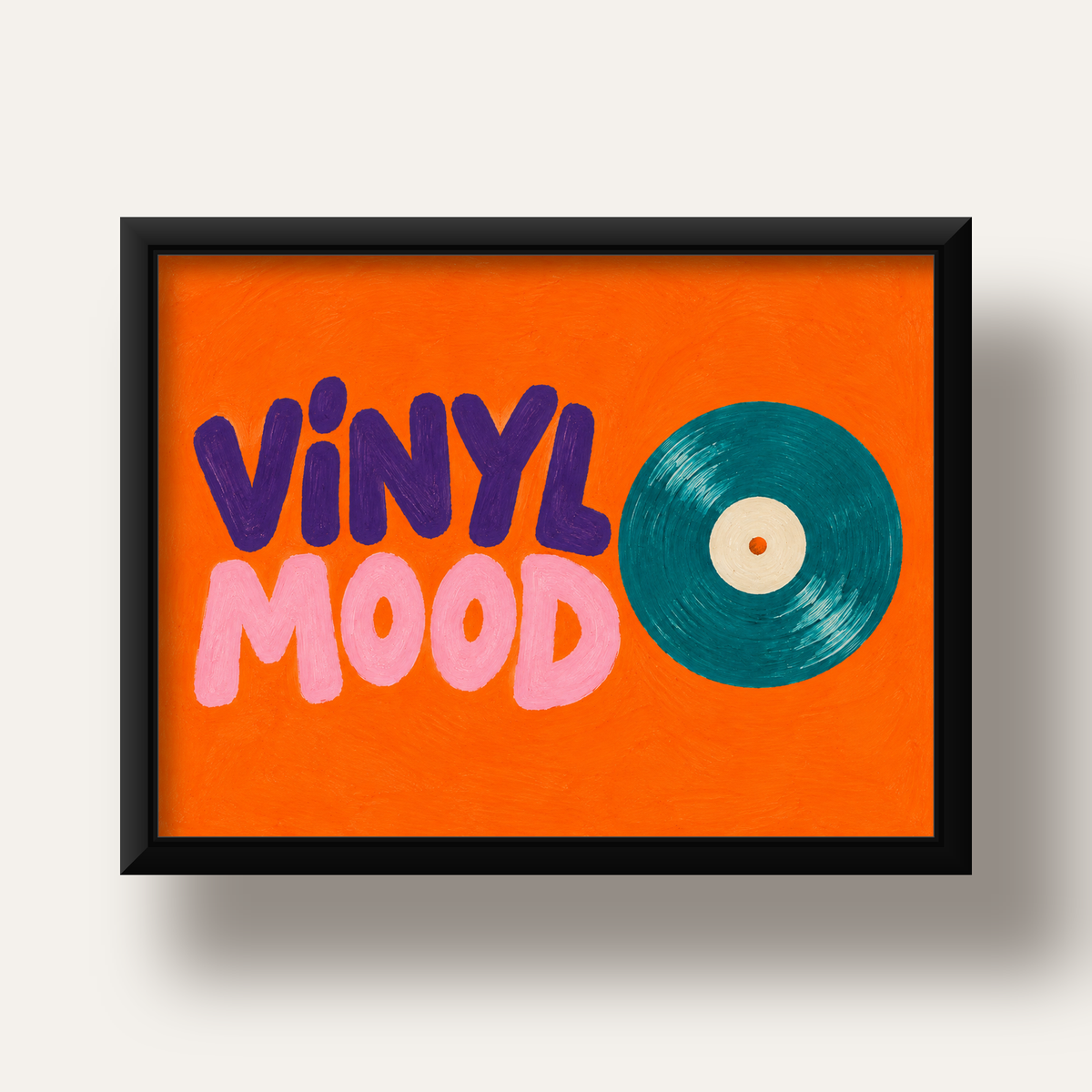Vinyl Mood Retro Poster – Turuncu Zemin, Plak İllüstrasyon — siyah derin çerçeveli