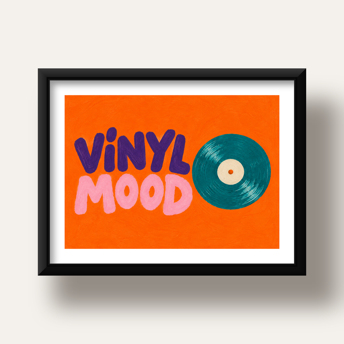 Vinyl Mood Retro Poster – Turuncu Zemin, Plak İllüstrasyon — siyah derin çerçeveli paspartulu