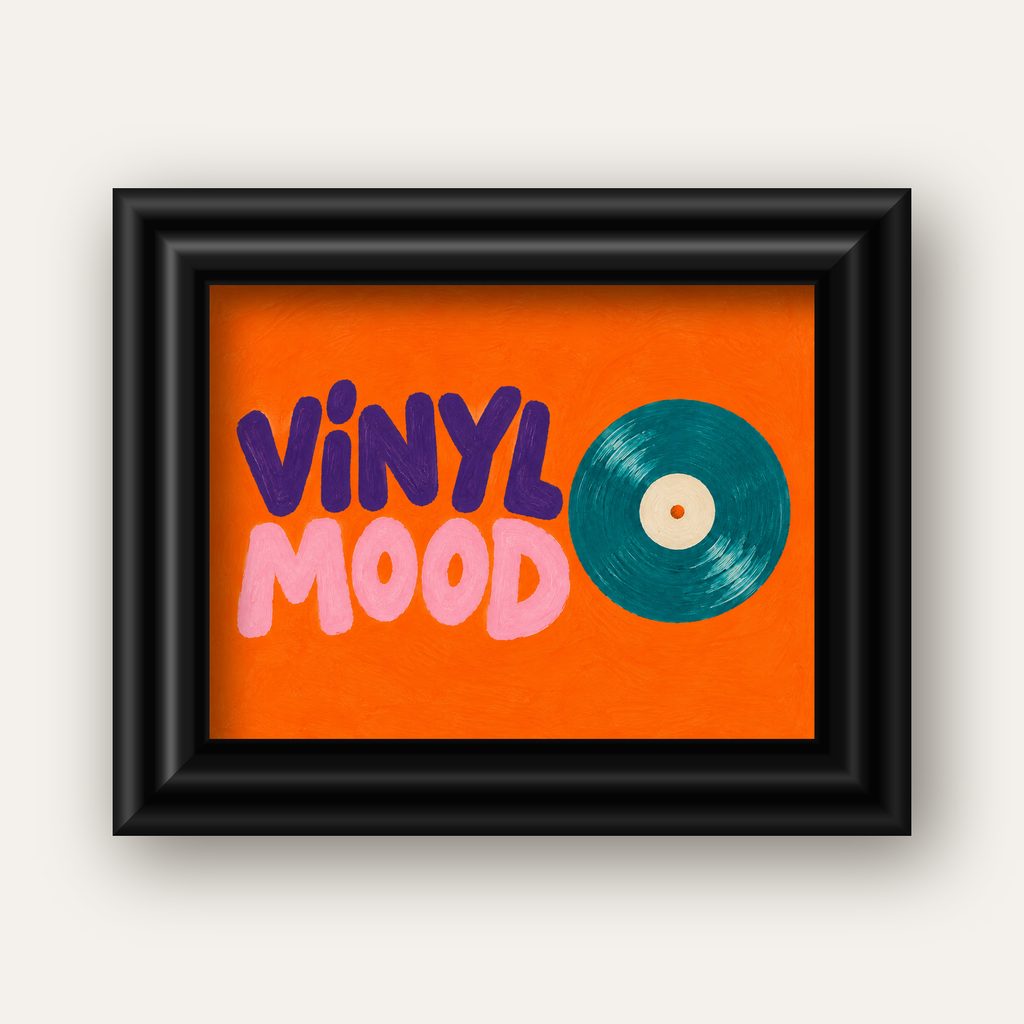 Vinyl Mood Retro Poster – Turuncu Zemin, Plak İllüstrasyon — siyah galeri çerçeveli