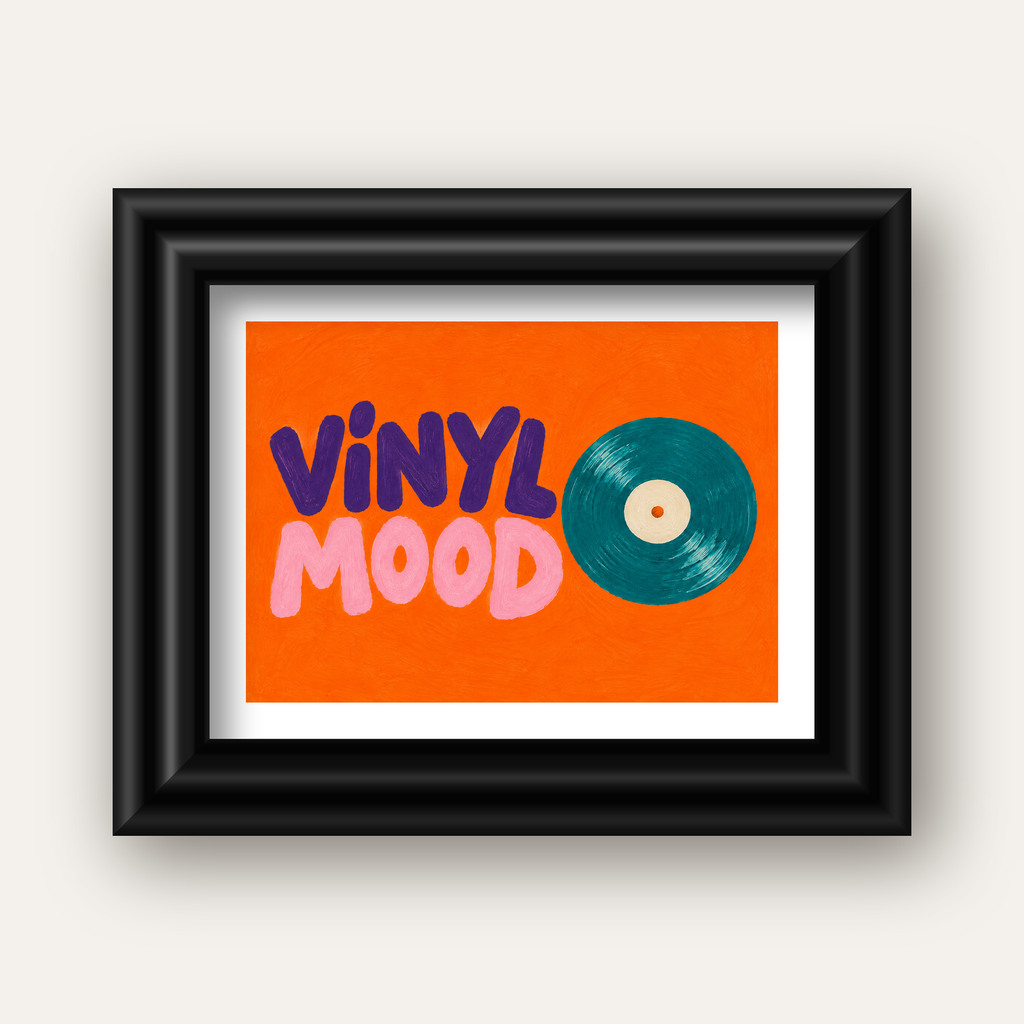 Vinyl Mood Retro Poster – Turuncu Zemin, Plak İllüstrasyon — siyah galeri çerçeveli paspartulu