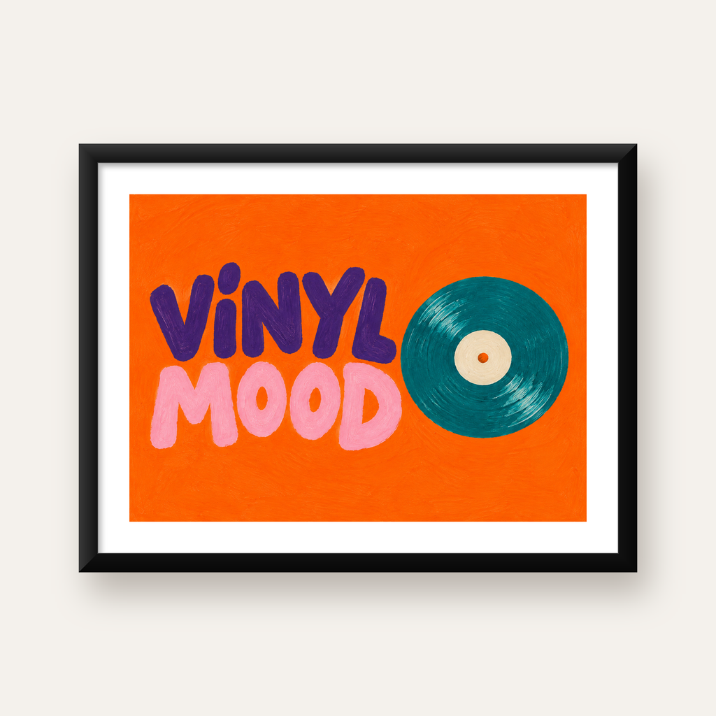 Vinyl Mood Retro Poster – Turuncu Zemin, Plak İllüstrasyon — Yatay baskı, beyaz paspartulu