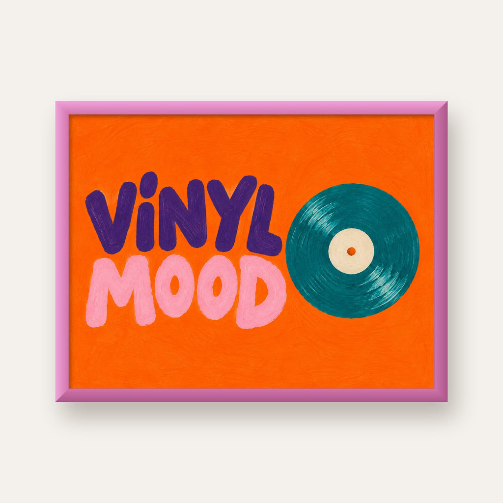 Vinyl Mood Retro Poster – Turuncu Zemin, Plak İllüstrasyon — pembe çerçeveli