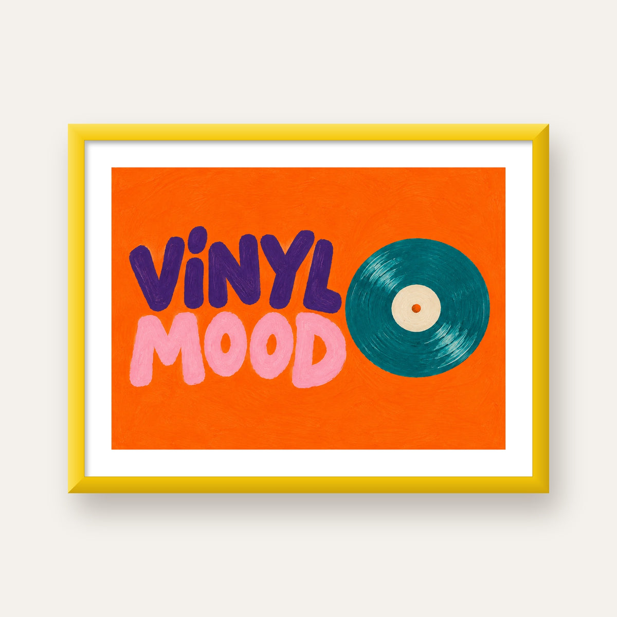 Vinyl Mood Retro Poster – Turuncu Zemin, Plak İllüstrasyon — sarı çerçeveli paspartulu