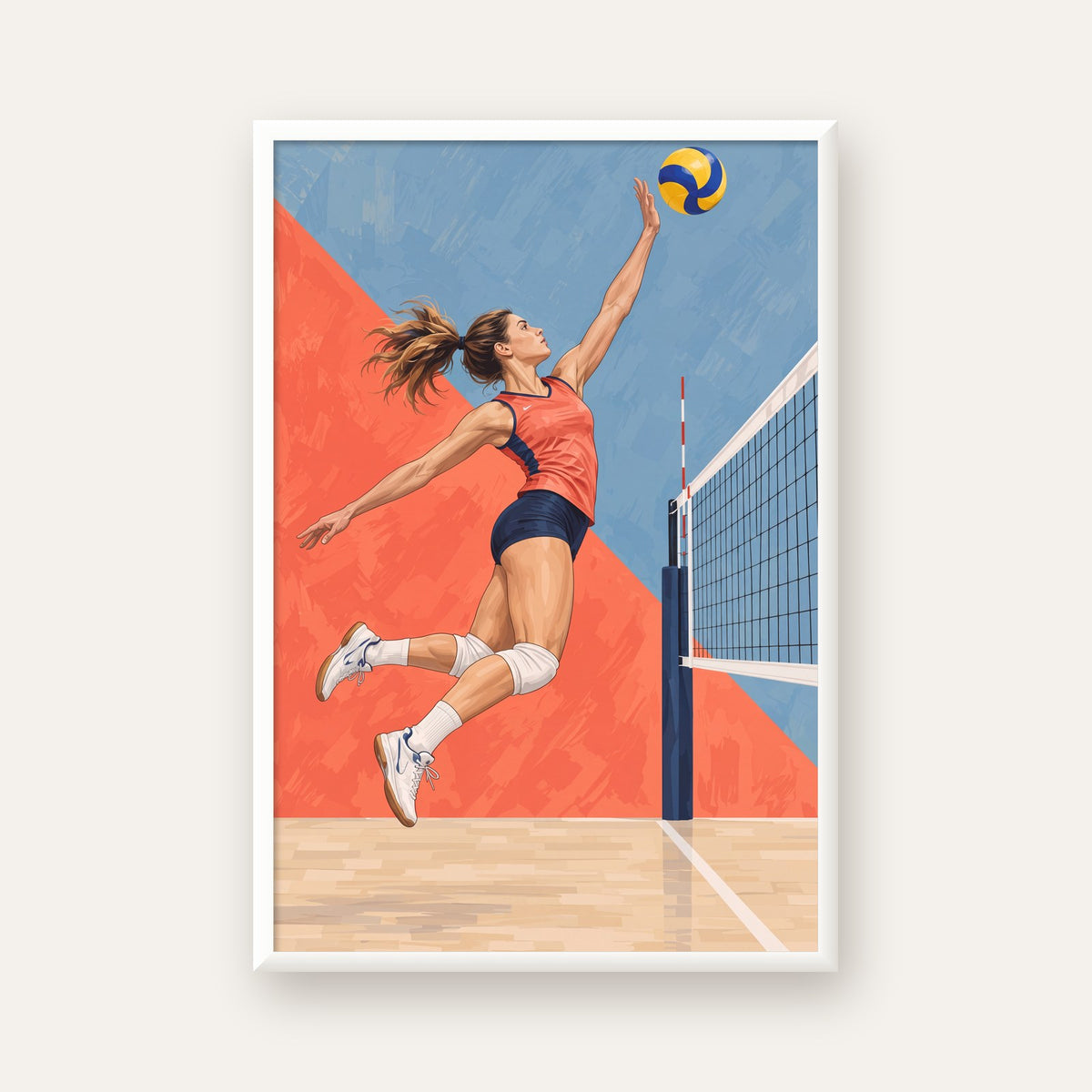 Voleybolcu Aksiyon Portresi - Dinamik Spor Poster Baskı — beyaz çerçeveli dikey poster
