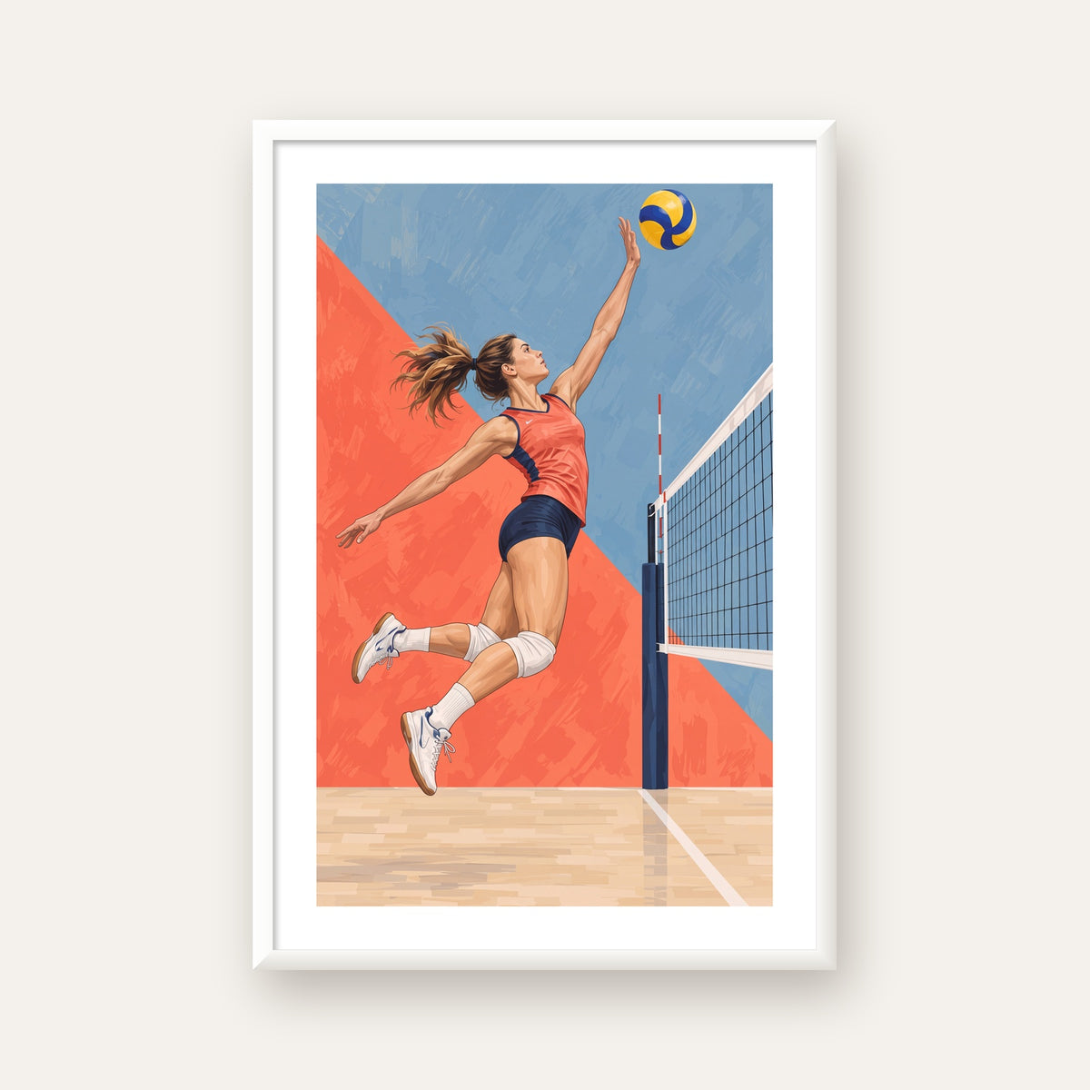 Voleybolcu Aksiyon Portresi - Dinamik Spor Poster Baskı — beyaz çerçeveli dikey poster