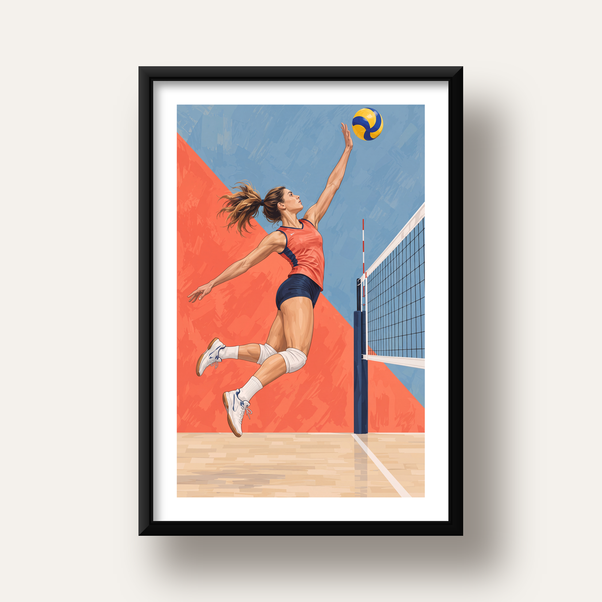 Voleybolcu Aksiyon Portresi - Dinamik Spor Poster Baskı — siyah derin çerçeveli paspartulu