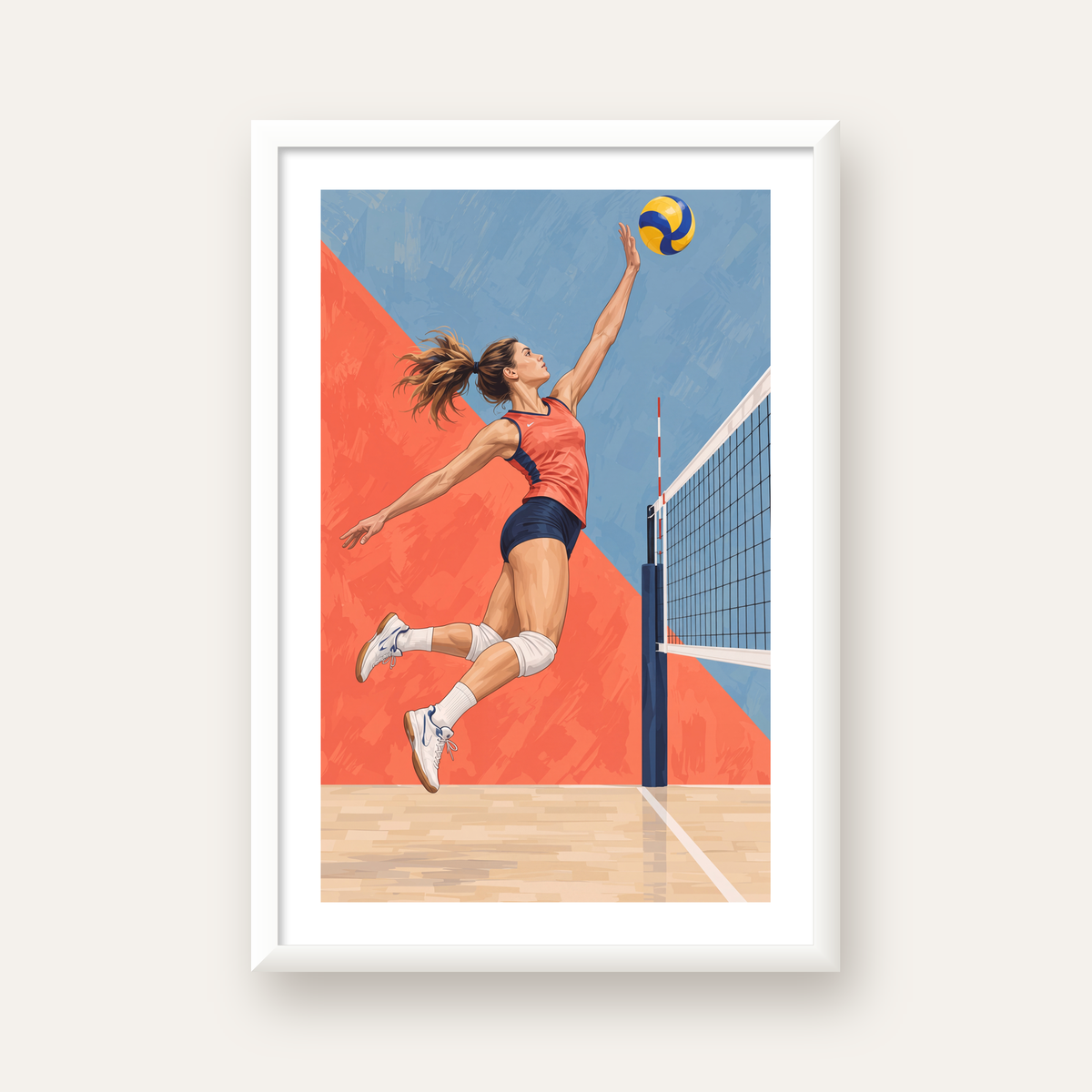Voleybolcu Aksiyon Portresi - Dinamik Spor Poster Baskı — beyaz çerçeveli dikey poster