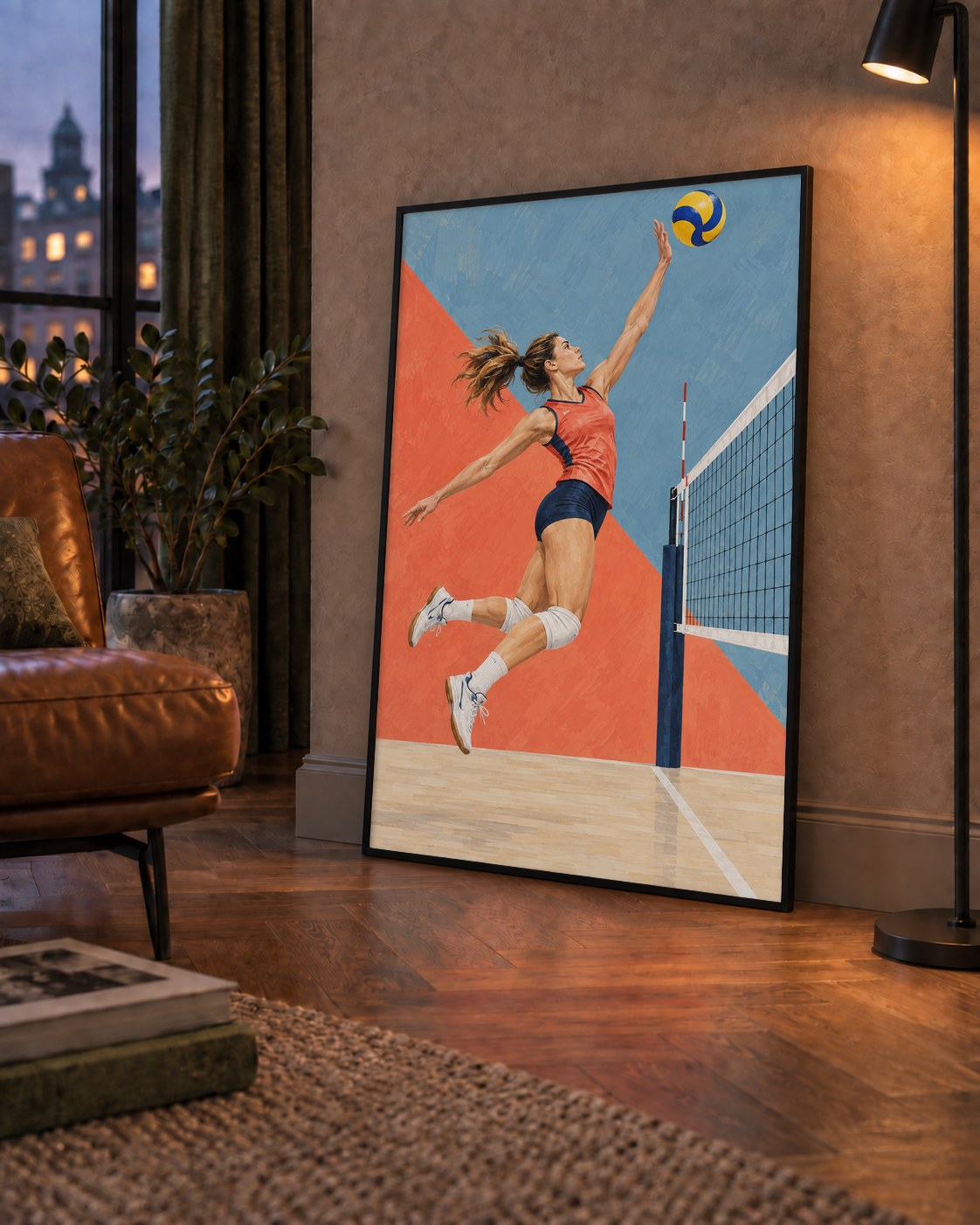 Voleybolcu Aksiyon Portresi - Dinamik Spor Poster Baskı — çerçeveli hâliyle bir ev duvarında