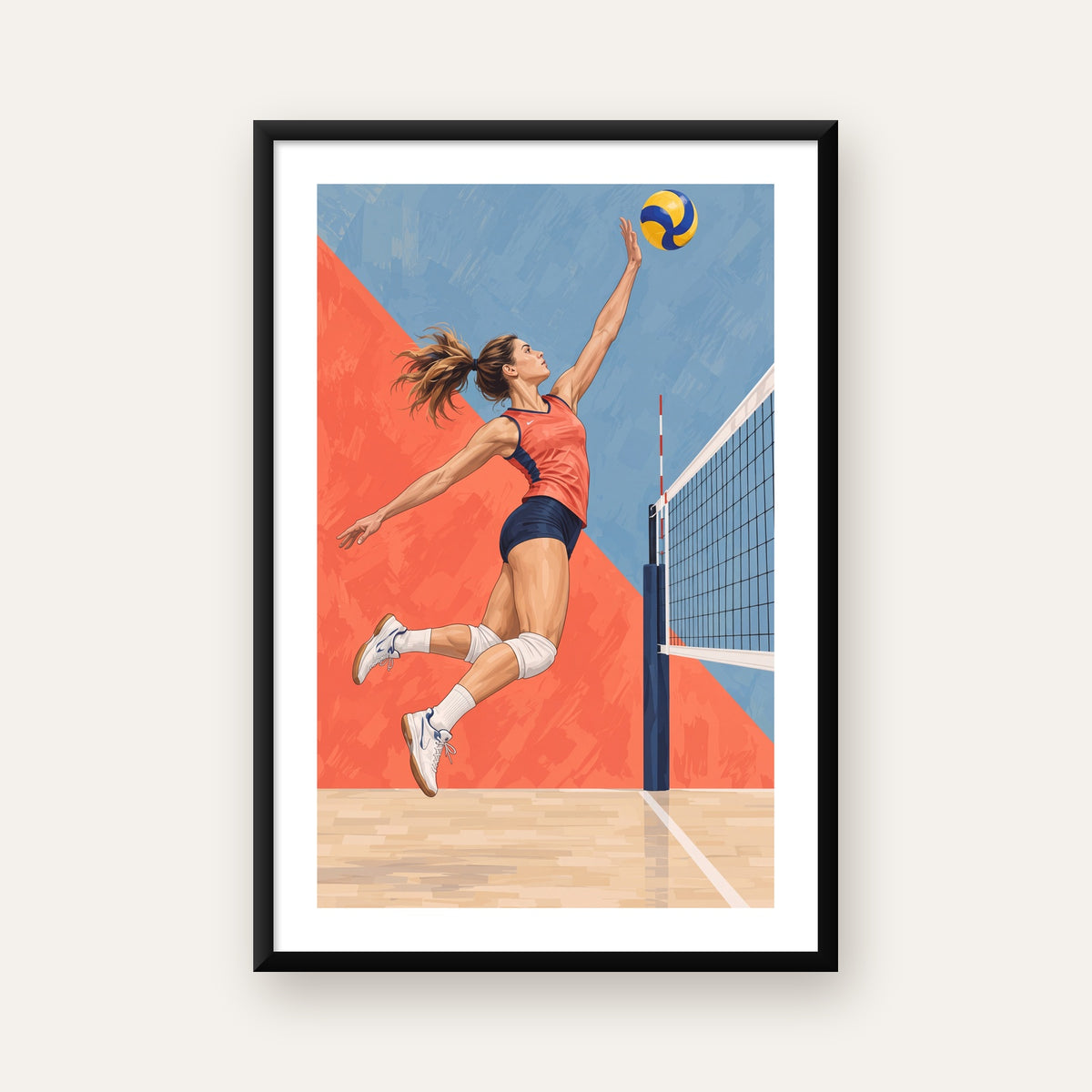 Voleybolcu Aksiyon Portresi - Dinamik Spor Poster Baskı — beyaz paspartulu, düz siyah çerçeveli