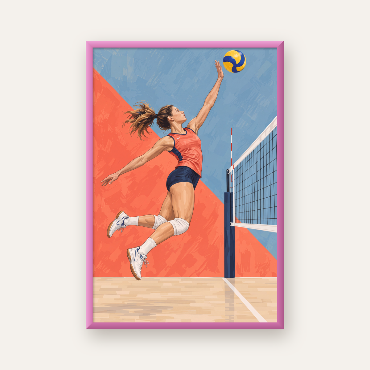 Voleybolcu Aksiyon Portresi - Dinamik Spor Poster Baskı — pembe çerçeveli