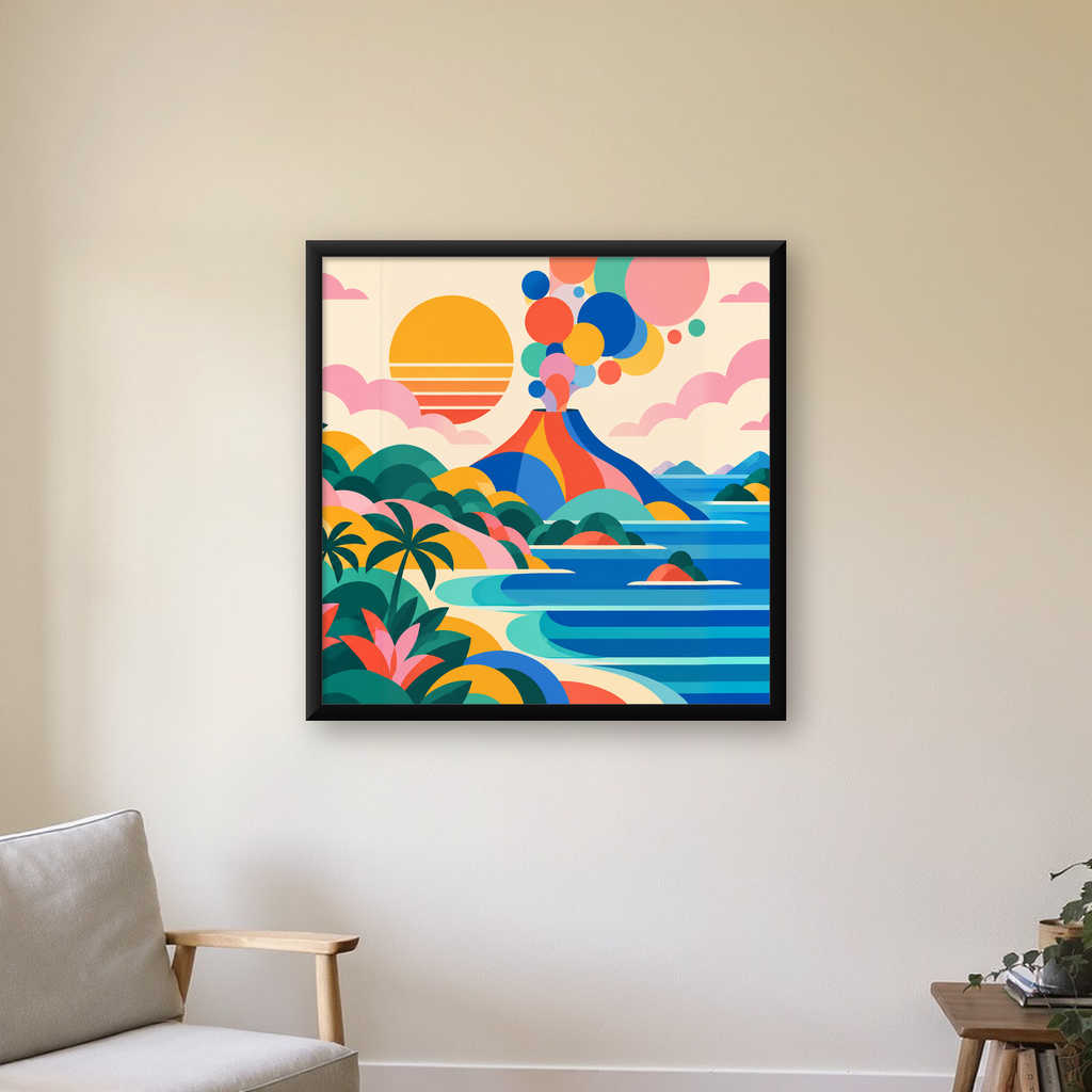 Soyut Tropikal Volkan Sahnesi Modern Poster — Kare baskı, çerçeveli hâliyle bir ev duvarında